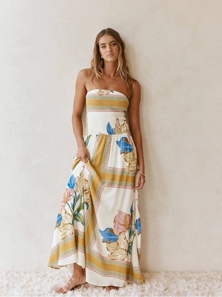 Sabo Skirt Strapless Floral Maxi Dress In Cream, Mustard & Blue
